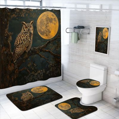 4 Pcs Owl Shower Curtain Set with Rug, Toilet Lid Cover and Bath Mat, Moon Night Birds Wildlife Fantasy Forest Animal Bathroom Decor Sets Accessories with 12 Hooks