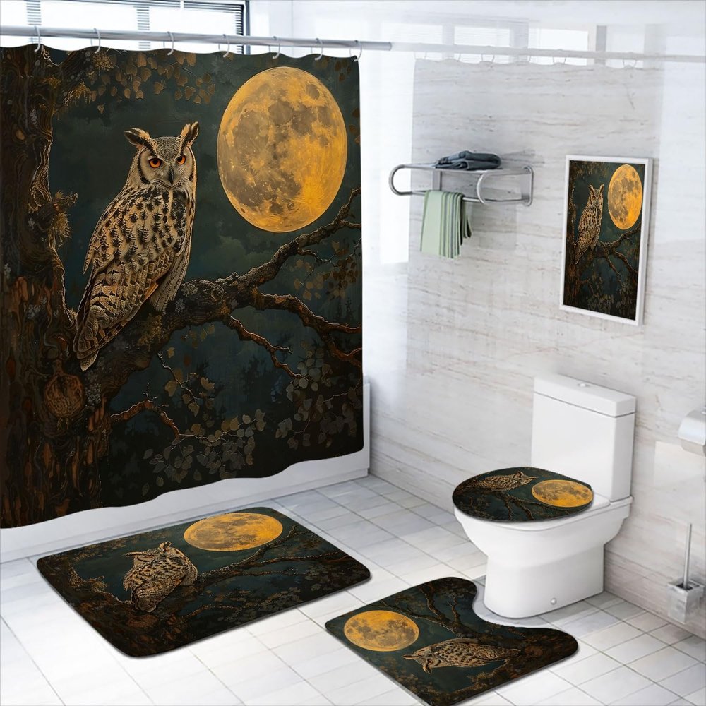 4 Pcs Owl Shower Curtain Set with Rug, Toilet Lid Cover and Bath Mat, Moon Night Birds Wildlife Fantasy Forest Animal Bathroom Decor Sets Accessories with 12 Hooks