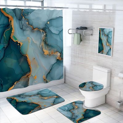 4 Pcs Marble Pattern Shower Curtain Set with Rugs,Toilet Lid Cover, Bath Mat, Colorful Art Teal Modern Crack Ink Bathroom Shower Curtain with 12 Hooks Accessories Decorative