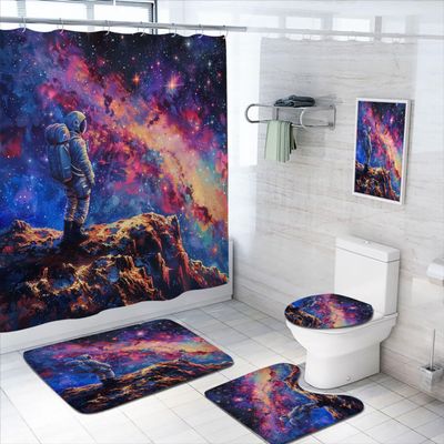 4 Pcs Sychedelic Starry Sky Shower Curtain Set with Non-Slip Rugs, Toilet Lid Cover and Bath Mat, Colorful Astronaut Fantasy Space Bathroom Decor Sets Accessories with 12 Hooks
