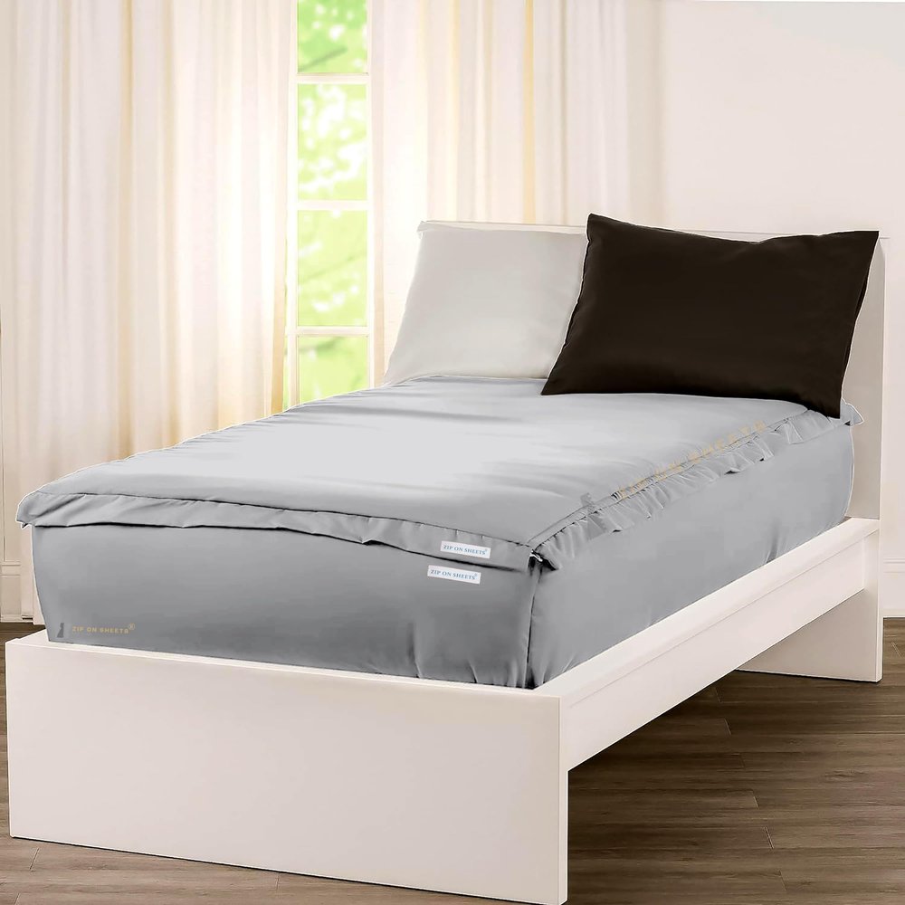 Zip On Sheets King Size Zipper Fitted Sheets - Includes 2 Zip-On Sheets & 1 Fitted Sheet Base - 8 Inch Deep Pockets - Extra Soft & Breathable Cotton 600 TC Fitted Sheet - Silver Grey