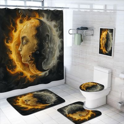 4 Pcs Sun Moon Bathroom Shower Curtain Set with Rugs,Toilet Lid Cover, Bath Mat, Yin and Yang Metaphysics Fantasy Gothic Art Bathroom Shower Curtain with 12 Hooks Accessories Decorative