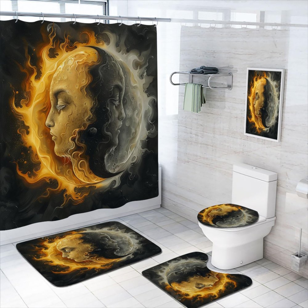 4 Pcs Sun Moon Bathroom Shower Curtain Set with Rugs,Toilet Lid Cover, Bath Mat, Yin and Yang Metaphysics Fantasy Gothic Art Bathroom Shower Curtain with 12 Hooks Accessories Decorative