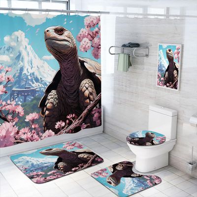 4 Pcs Anime Turtle Shower Curtain Set with Rugs,Toilet Lid Cover, Bath Mat, Blossom Tree Animal Turtle Mountain Bathroom Shower Curtain with 12 Hooks Accessories Decorative
