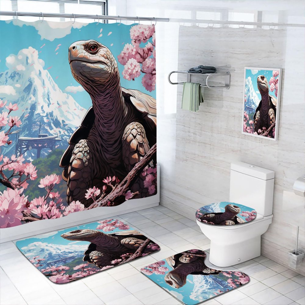 4 Pcs Anime Turtle Shower Curtain Set with Rugs,Toilet Lid Cover, Bath Mat, Blossom Tree Animal Turtle Mountain Bathroom Shower Curtain with 12 Hooks Accessories Decorative