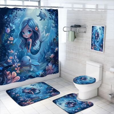 4 Pcs Mermaid Shower Curtain Set with Rug, Toilet Lid Cover and Bath Mat, Sea Ocean Octopus Coral Reef Fish Seashell Bathroom Shower Curtain with 12 Hooks Accessories Decorative