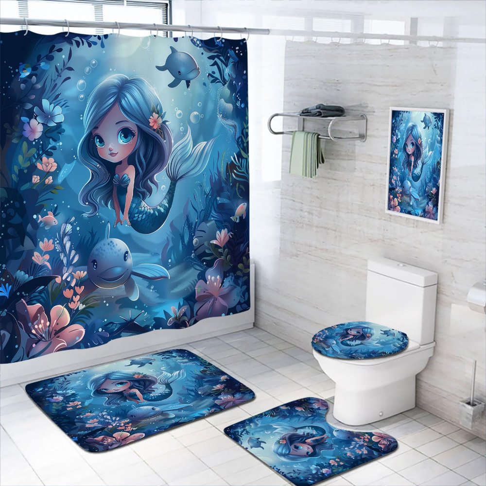4 Pcs Mermaid Shower Curtain Set with Rug, Toilet Lid Cover and Bath Mat, Sea Ocean Octopus Coral Reef Fish Seashell Bathroom Shower Curtain with 12 Hooks Accessories Decorative