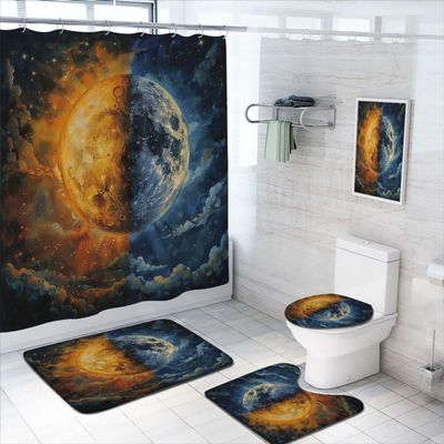 4 Pcs Sun Moon Bathroom Shower Curtain Set with Rug, Toilet Lid Cover and Bath Mat, Sky Fantasy Cool Yin and Yang Shower Curtain with 12 Hooks, Durable Bathroom Decor Set