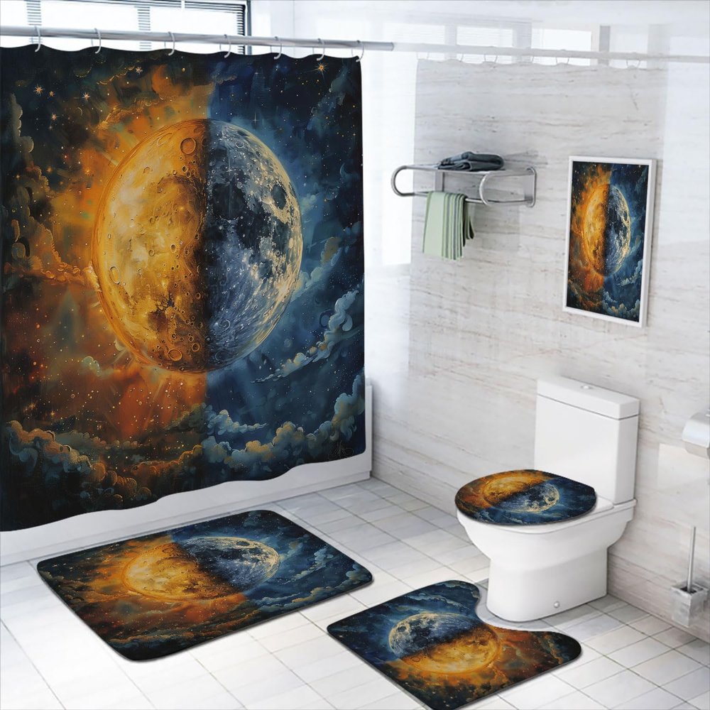 4 Pcs Sun Moon Bathroom Shower Curtain Set with Rug, Toilet Lid Cover and Bath Mat, Sky Fantasy Cool Yin and Yang Shower Curtain with 12 Hooks, Durable Bathroom Decor Set