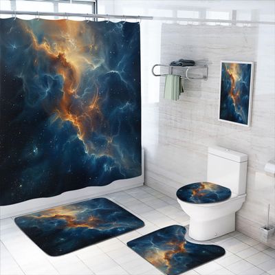 4 Pcs Nebula Shower Curtain Set with Rug, Toilet Lid Cover and Bath Mat, Galaxy Starry Sky Universe Planet Fantasy Shower Curtain with 12 Hooks, Durable Bathroom Decor Set