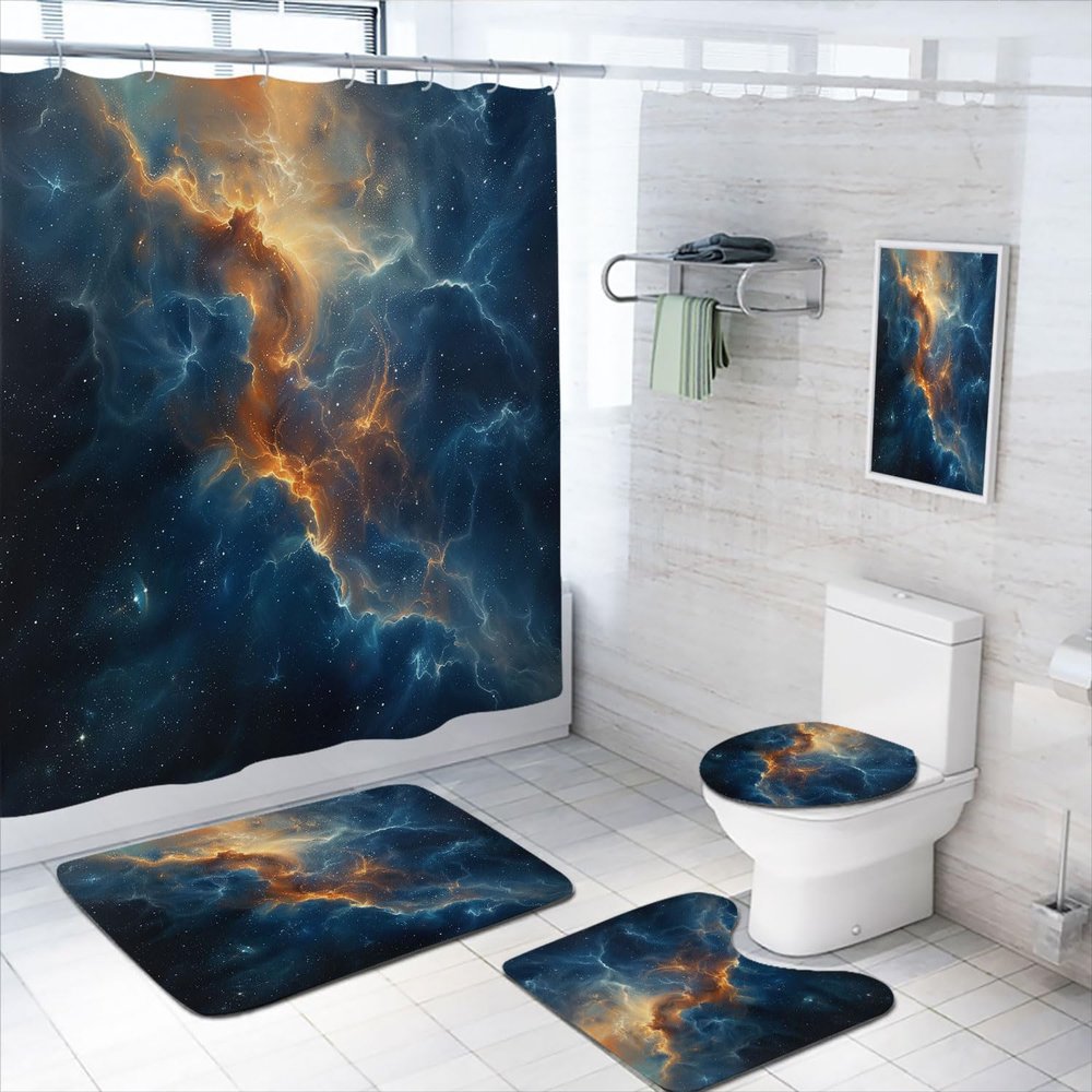 4 Pcs Nebula Shower Curtain Set with Rug, Toilet Lid Cover and Bath Mat, Galaxy Starry Sky Universe Planet Fantasy Shower Curtain with 12 Hooks, Durable Bathroom Decor Set