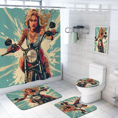 4 Pcs Girl Motorcycle Shower Curtain Set with Non-Slip Rugs, Toilet Lid Cover and Bath Mat, Fun Sexy Retro Canvas Painting Style Shower Curtain with 12 Hooks, Durable Bathroom Decor Set