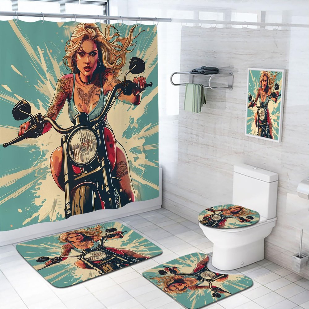 4 Pcs Girl Motorcycle Shower Curtain Set with Non-Slip Rugs, Toilet Lid Cover and Bath Mat, Fun Sexy Retro Canvas Painting Style Shower Curtain with 12 Hooks, Durable Bathroom Decor Set