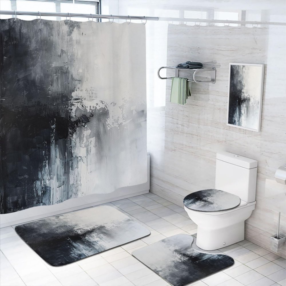 4 Pcs Abstract Art Bathroom Shower Curtain Set with Rug, Toilet Lid Cover and Bath Mat, Contemporary Black and White Painting Bathroom Shower Curtain with 12 Hooks Accessories Decorative