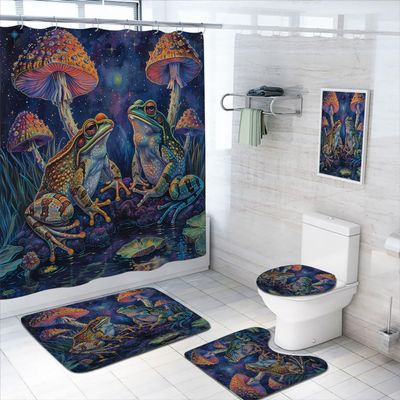 4 Pcs Frog Shower Curtain Set with Rugs,Toilet Lid Cover, Bath Mat, Fantasy Jungle Mushroom Animal Mysterious Bathroom Shower Curtain with 12 Hooks Accessories Decorative