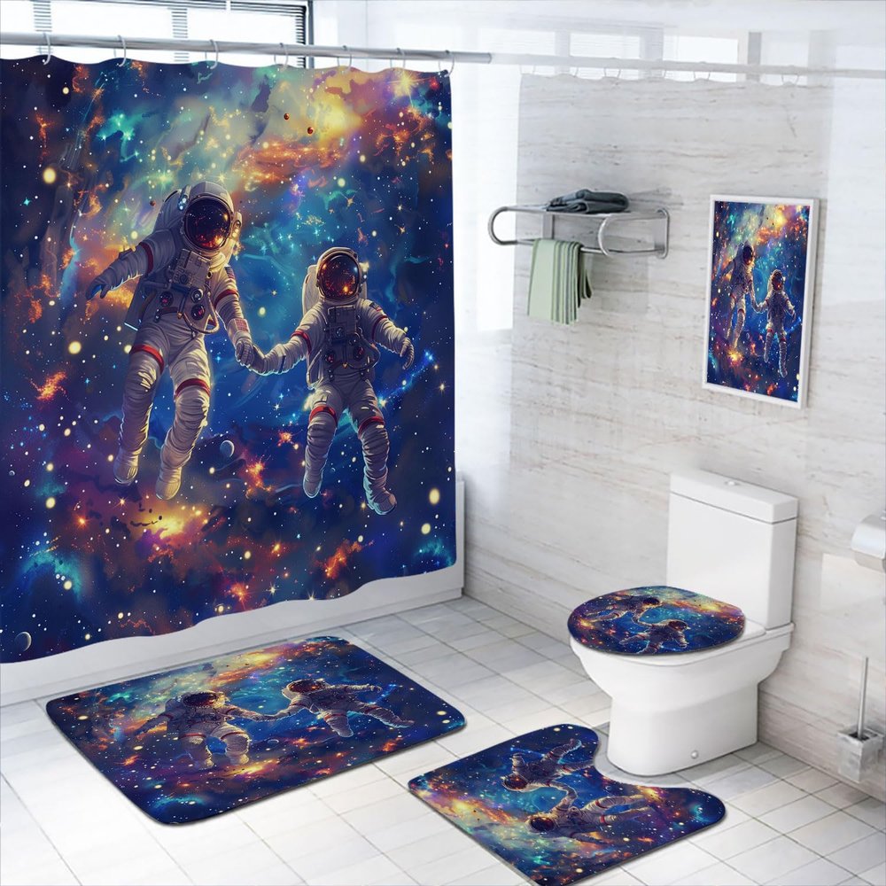 4 Pcs Space Astronaut Bathroom Shower Curtain Set with Rug, Toilet Lid Cover and Bath Mat, Colorful Fantasy Planet Nebula Galaxy Shower Curtain with 12 Hooks, Durable Bathroom Decor Set