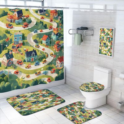 4 Pcs Kids Cars Shower Curtain Set with Non-Slip Rugs, Toilet Lid Cover and Bath Mat, Colorful City Educational Fun Cartoon Car Bathroom Decor Sets Accessories with 12 Hooks