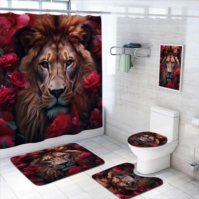 4 Pcs Red Rose Lion Shower Curtain Set with Non-Slip Rugs, Toilet Lid Cover and Bath Mat, Valentine's Day Wild Animals Floral Romantic Flower Bathroom Decor Sets Accessories with 12 Hooks