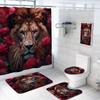 4 Pcs Red Rose Lion Shower Curtain Set with Non-Slip Rugs, Toilet Lid Cover and Bath Mat, Valentine's Day Wild Animals Floral Romantic Flower Bathroom Decor Sets Accessories with 12 Hooks view 1