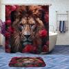 4 Pcs Red Rose Lion Shower Curtain Set with Non-Slip Rugs, Toilet Lid Cover and Bath Mat, Valentine's Day Wild Animals Floral Romantic Flower Bathroom Decor Sets Accessories with 12 Hooks view 2