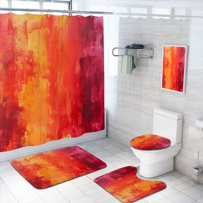 4 Pcs Red Orange Abstract Shower Curtain Set with Rugs,Toilet Lid Cover, Bath Mat, Modern Watercolor Yellow Art Shower Curtain with 12 Hooks, Durable Bathroom Decor Set