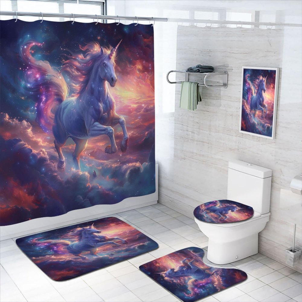 4 Pcs Starry Sky Unicorn Bathroom Shower Curtain Set with Rugs,Toilet Lid Cover, Bath Mat, Stars Galaxy Art Fantasy Unicorn Bathroom Shower Curtain with 12 Hooks Accessories Decorative