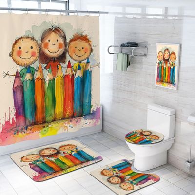 4 Pcs Kids Cartoon Shower Curtain Set with Rug, Toilet Lid Cover and Bath Mat, Watercolor Kids Watercolor Fun Art Bathroom Shower Curtain with 12 Hooks Accessories Decorative
