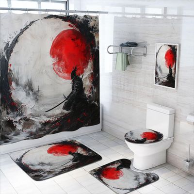 4 Pcs Japanese Ninja Bathroom Shower Curtain Set with Rug, Toilet Lid Cover and Bath Mat, Bushido Red Sun Retro Cool Samurai Bathroom Shower Curtain with 12 Hooks Accessories Decorative