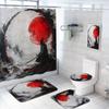 4 Pcs Japanese Ninja Bathroom Shower Curtain Set with Rug, Toilet Lid Cover and Bath Mat, Bushido Red Sun Retro Cool Samurai Bathroom Shower Curtain with 12 Hooks Accessories Decorative view 1