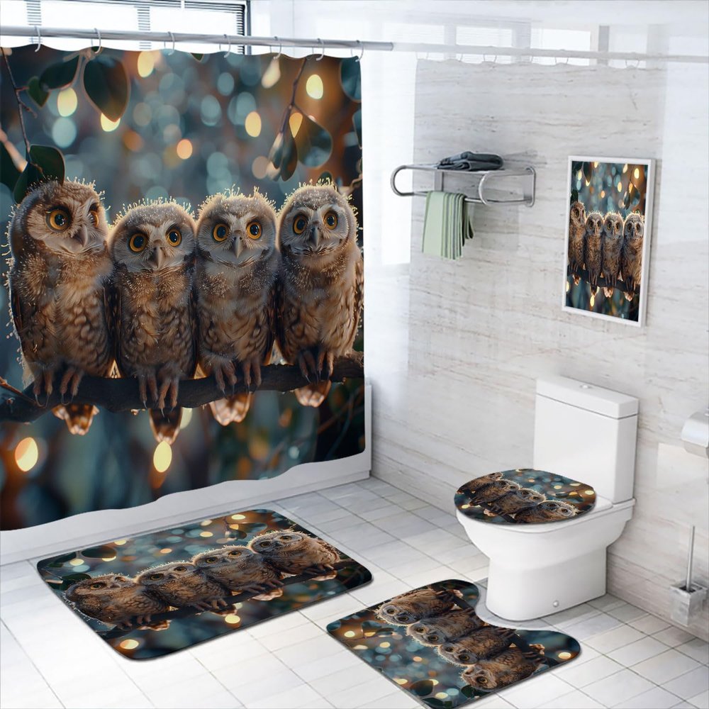 4 Pcs Owl Bathroom Shower Curtain Set with Rugs,Toilet Lid Cover, Bath Mat, Cute Animal Forest Birds Wildlife Wild Bathroom Shower Curtain with 12 Hooks Accessories Decorative