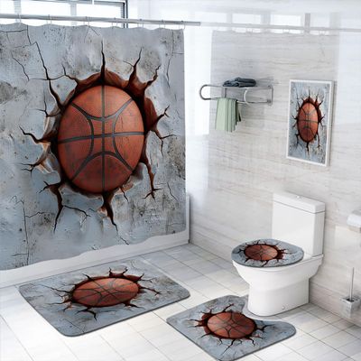4 Pcs Sports Basketball Shower Curtain Set with Rugs,Toilet Lid Cover, Bath Mat, Basketball Playing Game Cool Art Bathroom Decor Sets Accessories with 12 Hooks