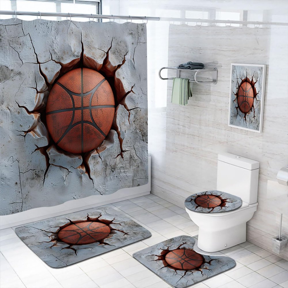 4 Pcs Sports Basketball Shower Curtain Set with Rugs,Toilet Lid Cover, Bath Mat, Basketball Playing Game Cool Art Bathroom Decor Sets Accessories with 12 Hooks