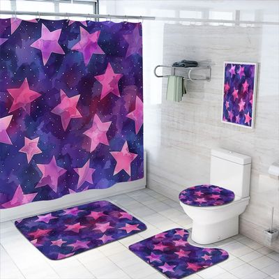 4 Pcs Star Shower Curtain Set with Non-Slip Rugs, Toilet Lid Cover and Bath Mat, Starry Galaxy Night Fantasy Cute Cartoon Purple Shower Curtain with 12 Hooks, Durable Bathroom Decor Set