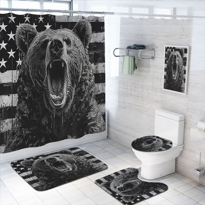 4 Pcs Country Bear Shower Curtain Set with Non-Slip Rugs, Toilet Lid Cover and Bath Mat, Rustic Hunting Camo American Flag Black and White Bathroom Shower Curtain with 12 Hooks Accessories Decorative