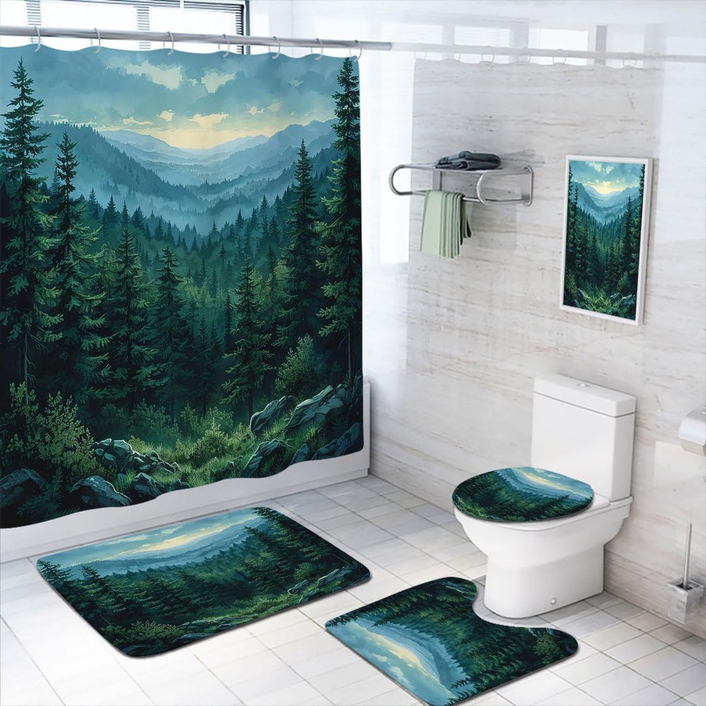 4 Pcs Nature Forest Bathroom Shower Curtain Set with Rug, Toilet Lid Cover and Bath Mat, Forest Green Fog Magic Pine Tree Bathroom Shower Curtain with 12 Hooks Accessories Decorative