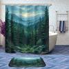 4 Pcs Nature Forest Bathroom Shower Curtain Set with Rug, Toilet Lid Cover and Bath Mat, Forest Green Fog Magic Pine Tree Bathroom Shower Curtain with 12 Hooks Accessories Decorative view 2