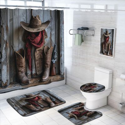 4 Pcs Western Farmhouse Shower Curtain Set with Rugs,Toilet Lid Cover, Bath Mat, Rustic Wooden Cowboy Hat Boots Bathroom Decor Sets Accessories with 12 Hooks