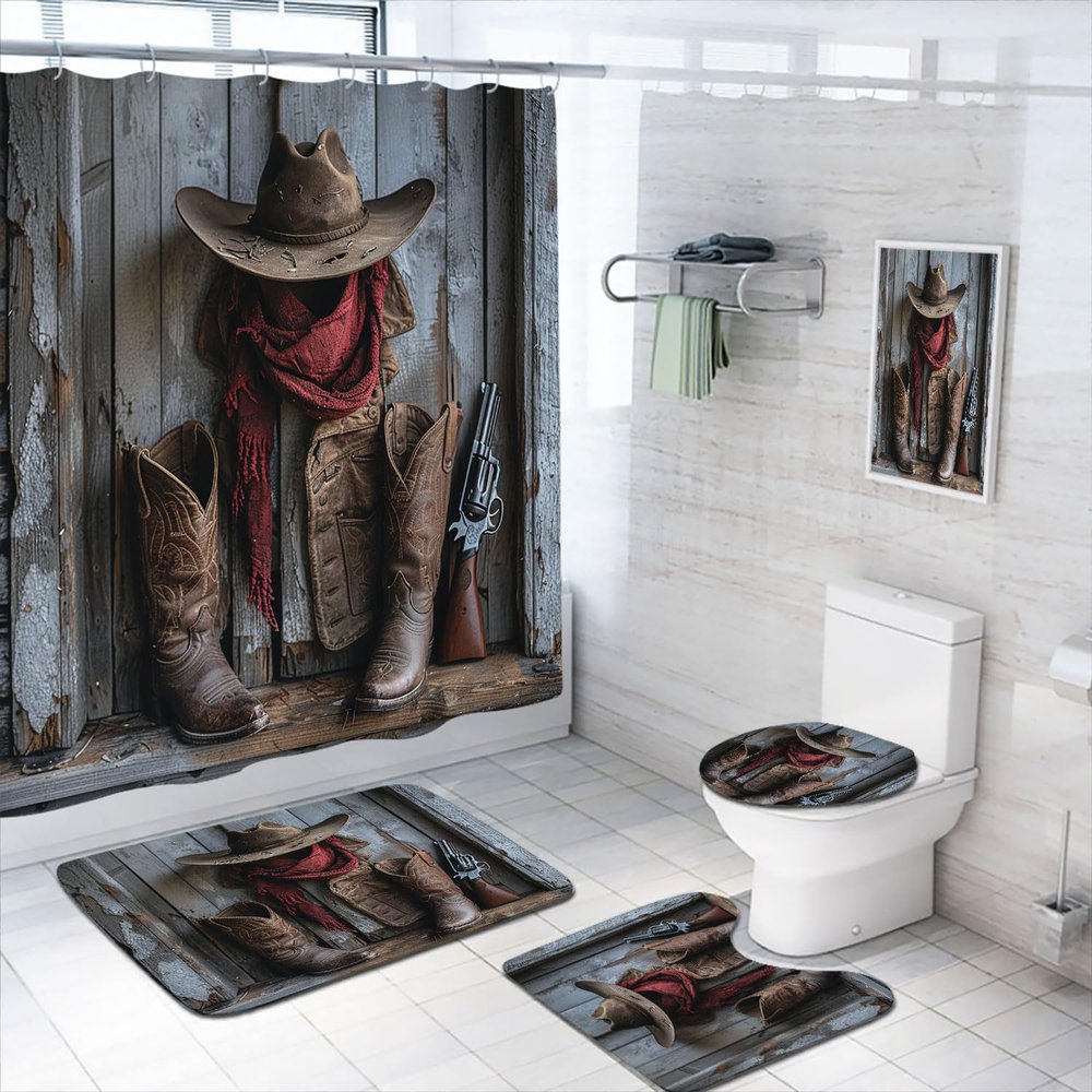 4 Pcs Western Farmhouse Shower Curtain Set with Rugs,Toilet Lid Cover, Bath Mat, Rustic Wooden Cowboy Hat Boots Bathroom Decor Sets Accessories with 12 Hooks