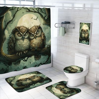 4 Pcs Owl Shower Curtain Set with Non-Slip Rugs, Toilet Lid Cover and Bath Mat, Cute Animal Forest Sleep Moon Night Birds Shower Curtain with 12 Hooks, Durable Bathroom Decor Set