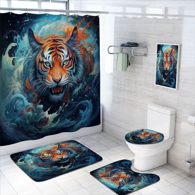 4 Pcs Tiger Bathroom Shower Curtain Set with Rug, Toilet Lid Cover and Bath Mat, Tiger Wild Animal Cool Anime Cool Big Cat Bathroom Shower Curtain with 12 Hooks Accessories Decorative