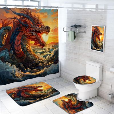 4 Pcs Dragon Shower Curtain Set with Non-Slip Rugs, Toilet Lid Cover and Bath Mat, Japanese Dragon Sea Wave Fantasy Animal Bathroom Shower Curtain with 12 Hooks Accessories Decorative