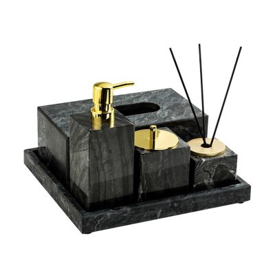Hand Soap Dispenser 5 Piece Luxury Marble Bathroom Accesory Set Marble Soap Dispenser Set 1 Lotion Dispenser, 1 Tissue Box, 1 Toothpick Organizer, 1 Aromatherapy Bottle and 1 Tray, Perfect for Bathroo