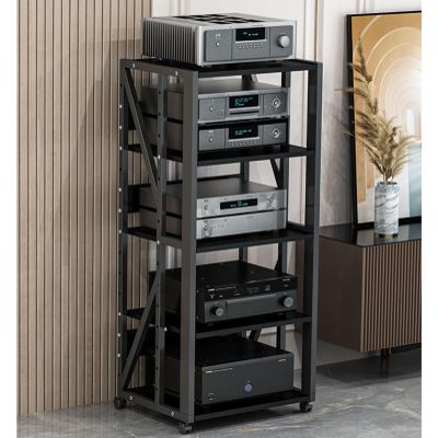 Modern AV Cabinet 5-Tier Movable Media Stand Audio/Video Component Cabinet Stereo Rack CD Player Stand with Adjustable Wooden Shelf for Home/Office/Theater(Color:Black)