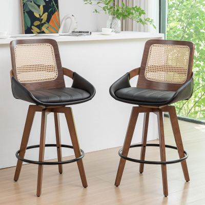 KUNZENT Set of 2 Counter Height Bar Stools - 26.4 inch Swivel Counter Stools with Cane Back, Upholstered Seat, Curved Arms, Rattan CounterStools for Island/Pub/Kitchen/Cafe (26" Seat Height, Black)