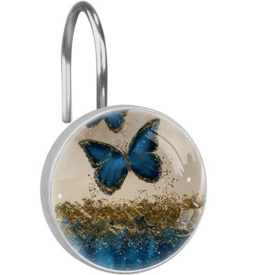 LRCCJS Decorative Shower Curtain Hooks - 12 Pack Blue Butterfly Marble Pattern Rustproof Rings for Bathroom Decor
