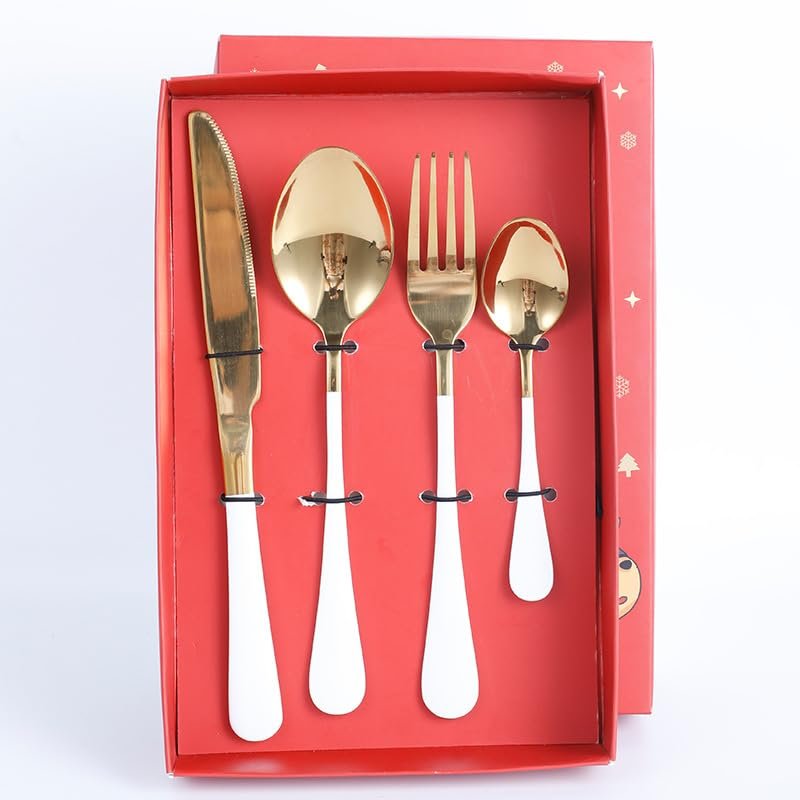 IFAJOOR Flatware Silverware Set, 4/16/24/32/40/48 Pieces Christmas Gift Box Stainless Steel Knife, Fork And Spoon Four-piece Set Steak Knife, Fork And Main Dinner Spoon, Tableware Cutlery Set(Color:W