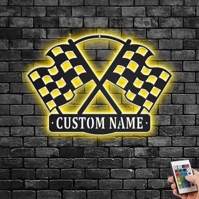Decor Sign, Custom Checkered Racing Flag Metal Wall Art With, Personalized Racer Name Sign Decoration For Room, Racing Metal Decor