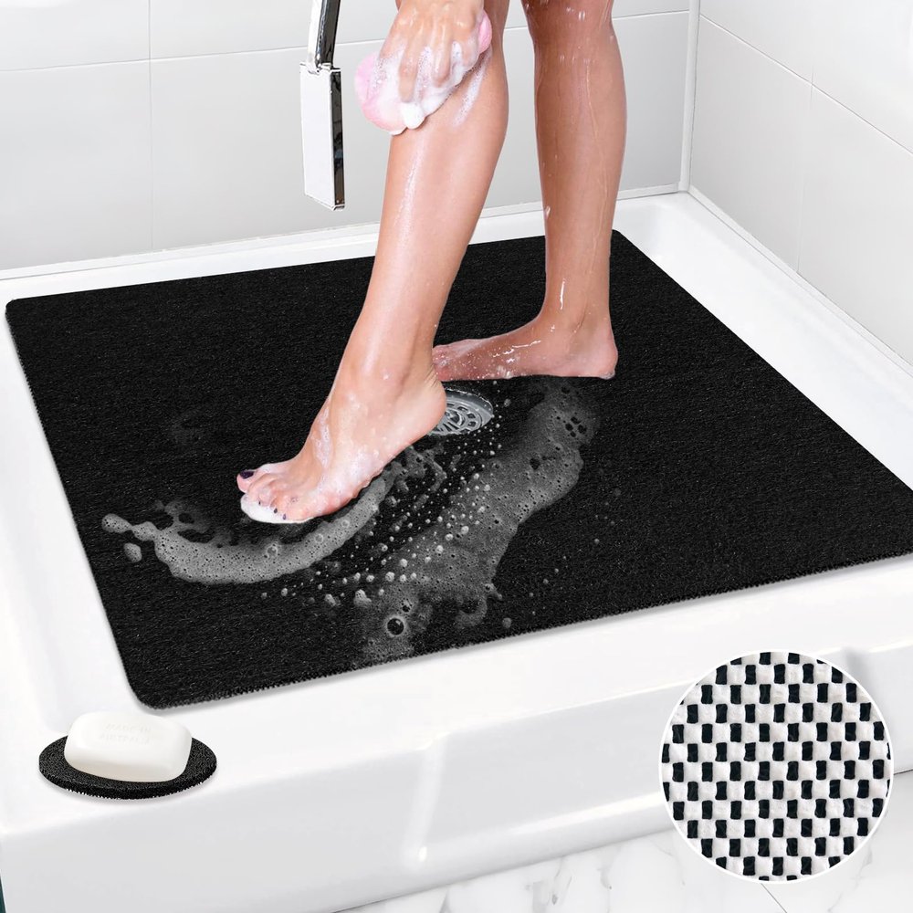 Mofonky Shower Mat Non Slip: 31 x 31 Inch Extra Large Square Shower Mats with Drain Hole in Middle - Soft Loofah Quick Drying Matt for Shower Stall