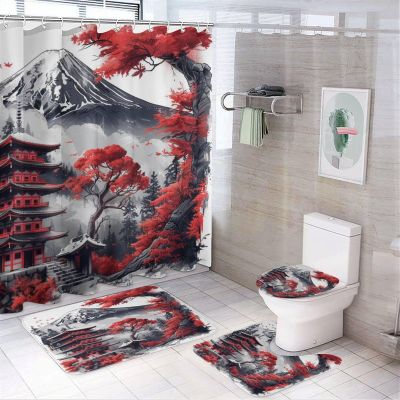 Brebasf Abstract Japanese Mount Fuji Landscape Shower Curtain Set Bathroom Set Decorative Watercolor Minimalist Art Forest Florals Ancient Japanese Architecture 4 Piece Shower Curtain Toilet Cover U