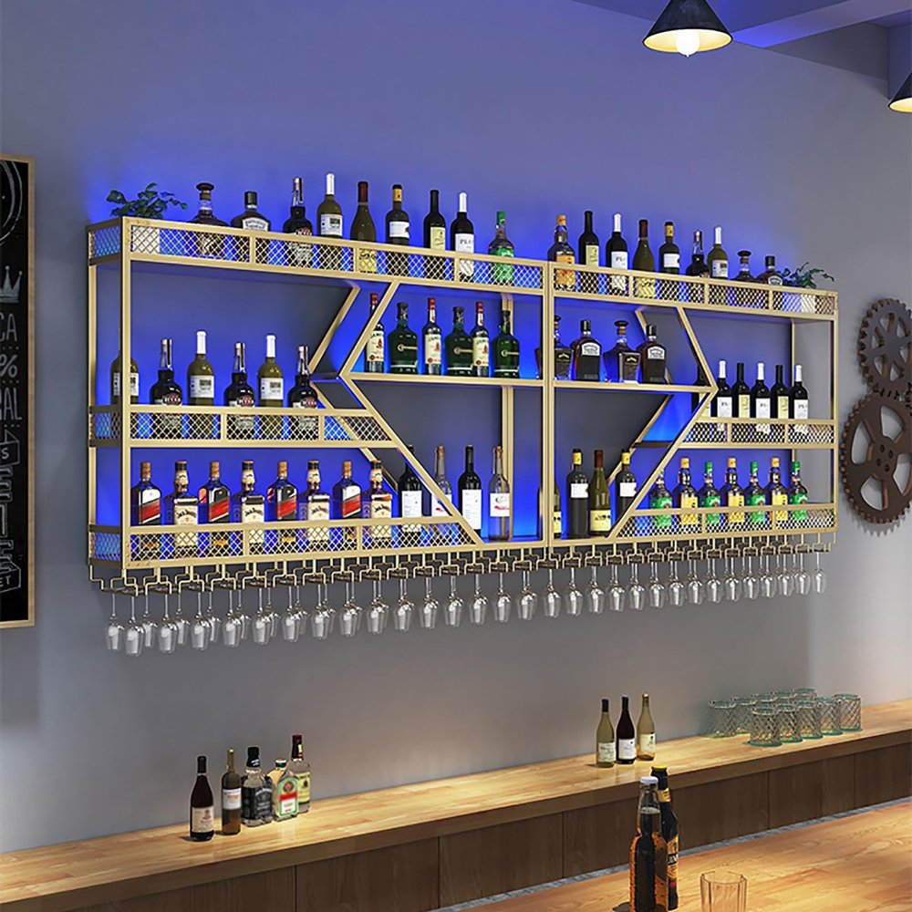 SUZEPER Wall LED Mounted Wine Rack,Metal Bar Unit Floating Shelves Bottle Holder,Hanging Wine Glass Rack,Wall Bar Shelf,Multi-Functional Wine Storage Display Rack for Home Bars Dining Room Kitchen